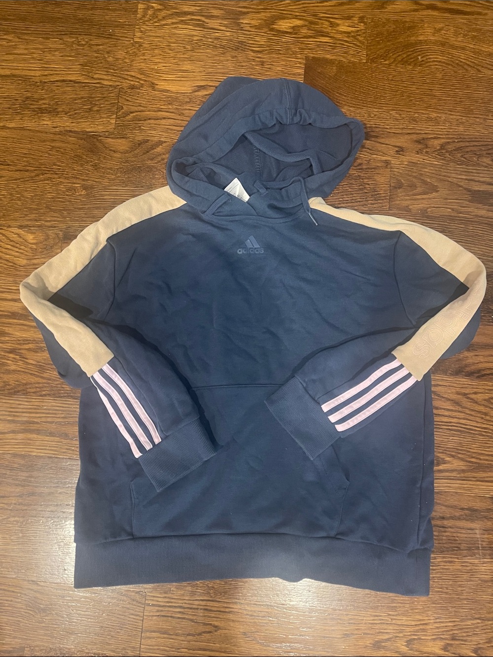 adidas Navy Hoodie with Tan Panels and Light Pink Stripes